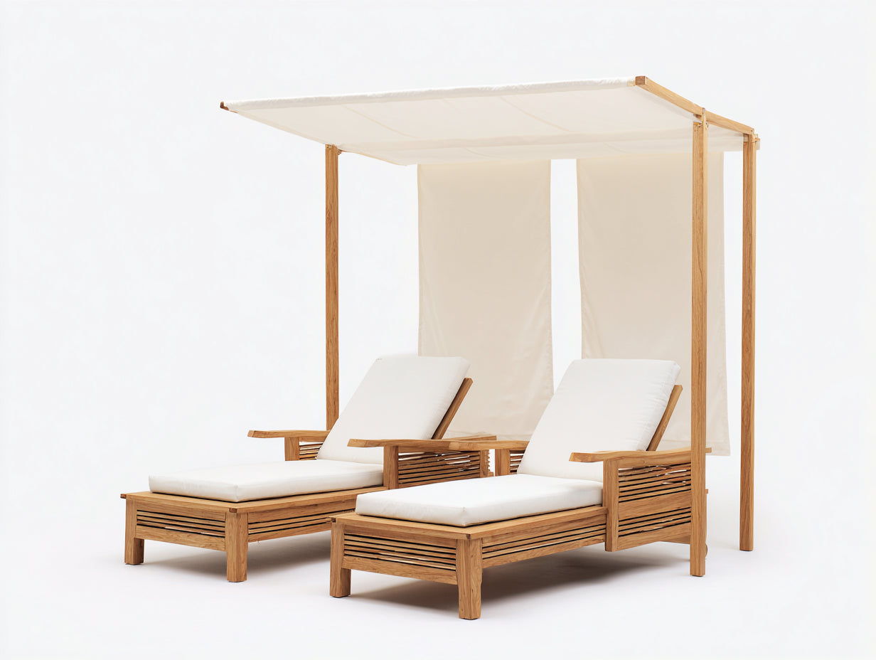 Bain de soleil - bois-tissu - 225 x 204 x 214 cm - naturel-écru - style baldaquin ouvert