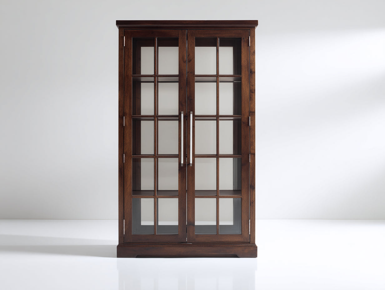 Vitrine-bois-verre-94x40x178 cm-brun noyer-style rustique