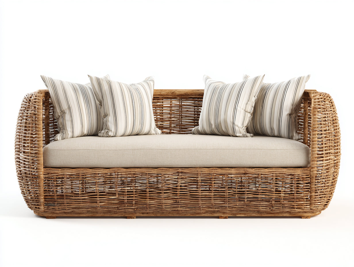 Canapé de jardin - Rotin-Tissu - 215x90x80 cm - Naturel-Beige - Bohème