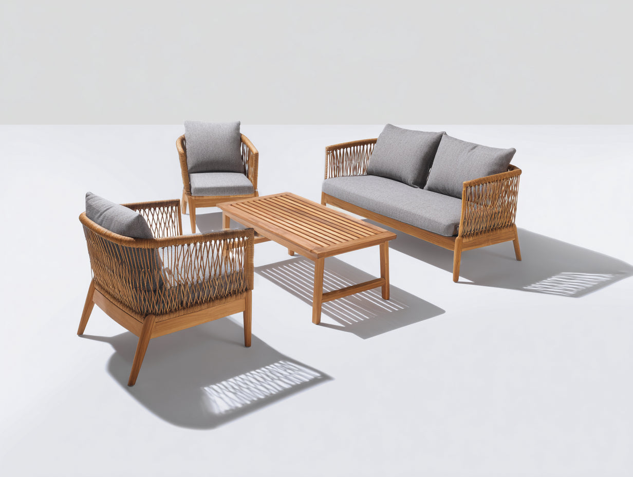 Canapé de jardin - Bois-Corde-Tissu - 190x78x78 cm - Naturel-Gris - Contemporain