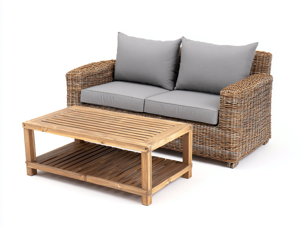 Canapé de jardin - Rotin-Bois-Tissu - 158x84x86 cm - Naturel-Gris - Contemporain