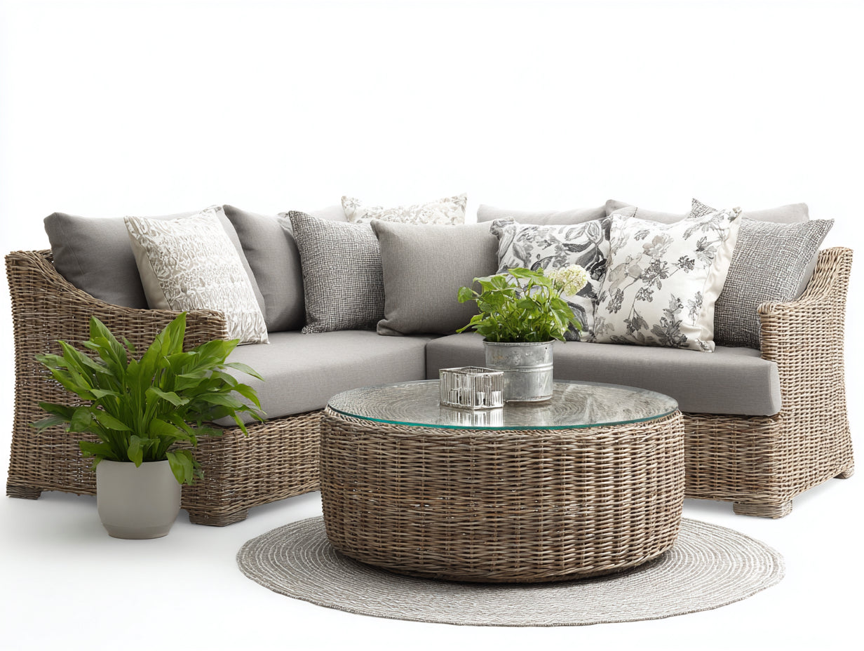 Canapé de jardin - Rotin-Verre-Tissu - 225x225x80 cm - Naturel-Gris taupe - Classique