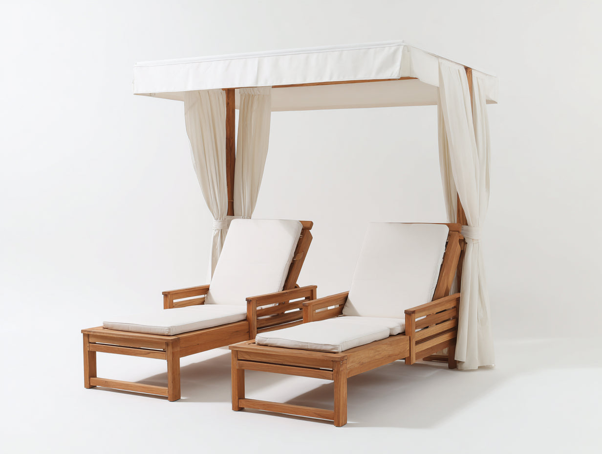 Bain de soleil - bois-tissu - 228 x 205 x 220 cm - naturel-écru - style baldaquin à rideaux