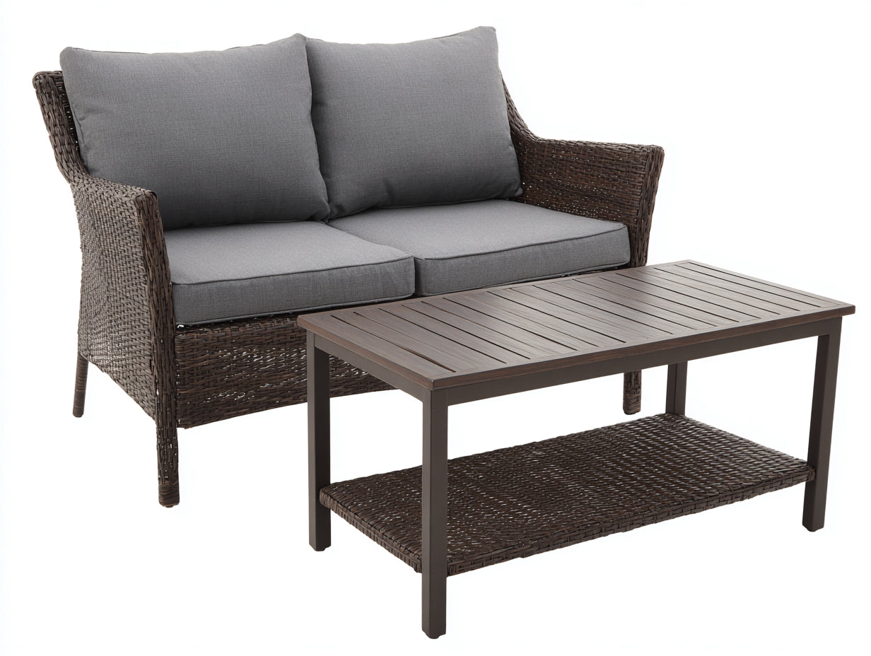 Canapé de jardin - Résine tressée-Bois-Tissu - 156x82x88 cm - Marron foncé-Gris - Contemporain