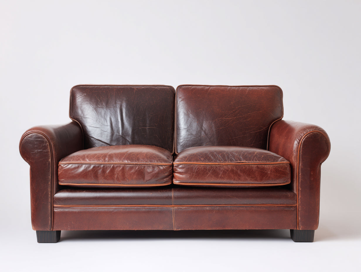 Canapé 2 places-cuir-bois-168x91x87 cm-marron vintage-style anglais