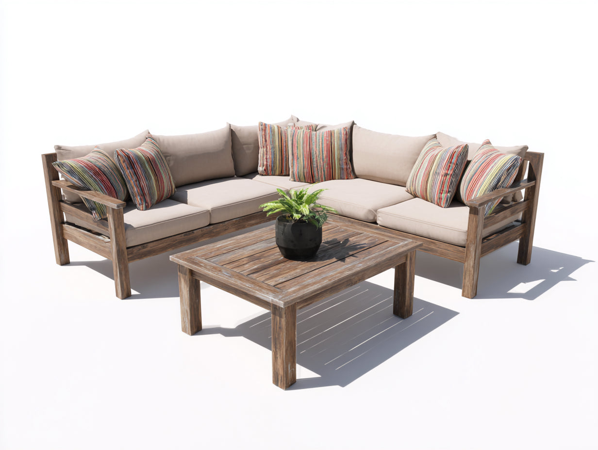 Canapé de jardin - Bois-Tissu - 245x245x76 cm - Naturel-Beige - Rustique