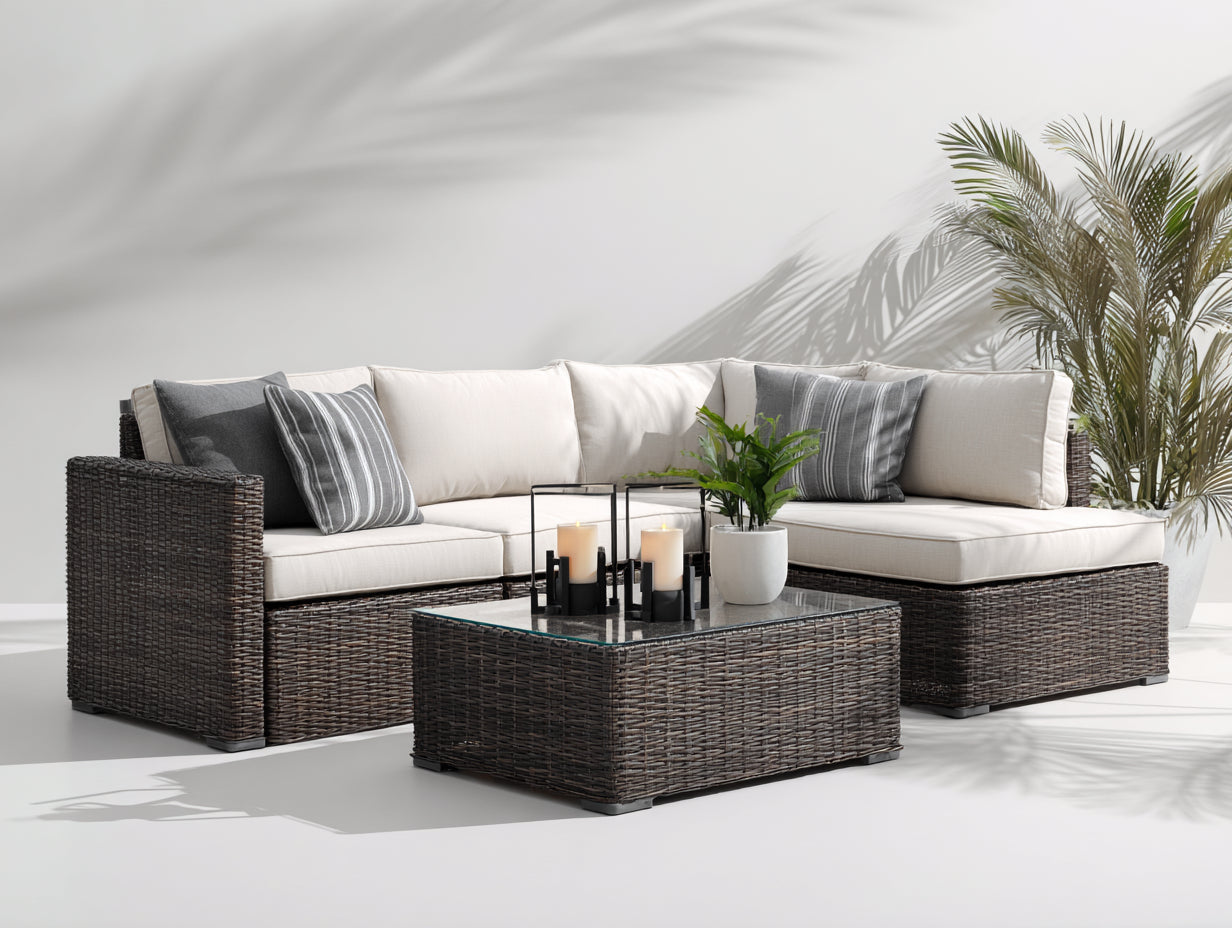 Canapé de jardin - Résine tressée-Verre-Tissu - 260x180x73 cm - Marron foncé-Écru - Moderne