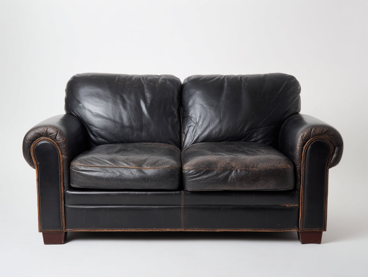 Canapé 2 places-cuir-bois-176x92x90 cm-noir vieilli-style anglais