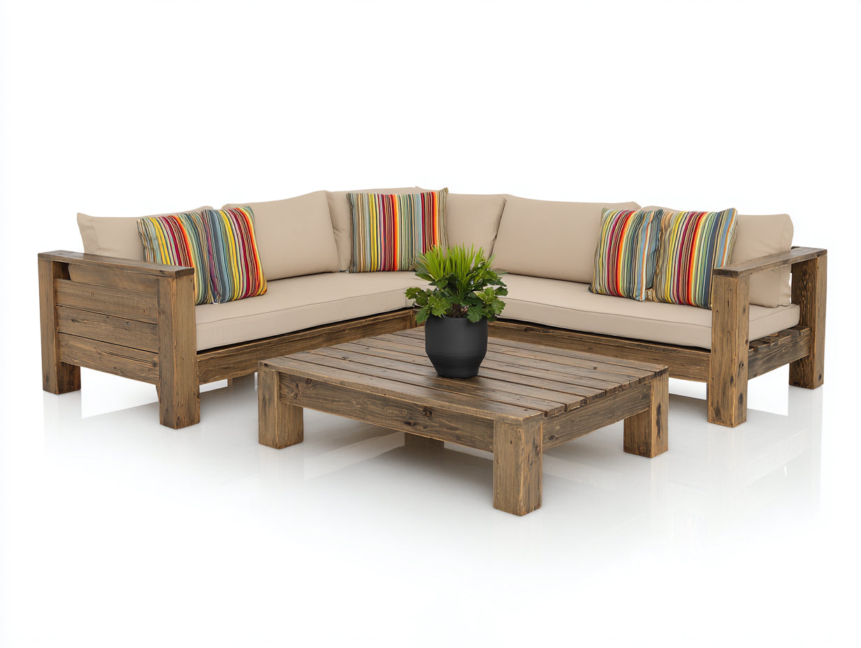 Canapé de jardin - Bois-Tissu - 245x245x74 cm - Naturel-Beige - Rustique