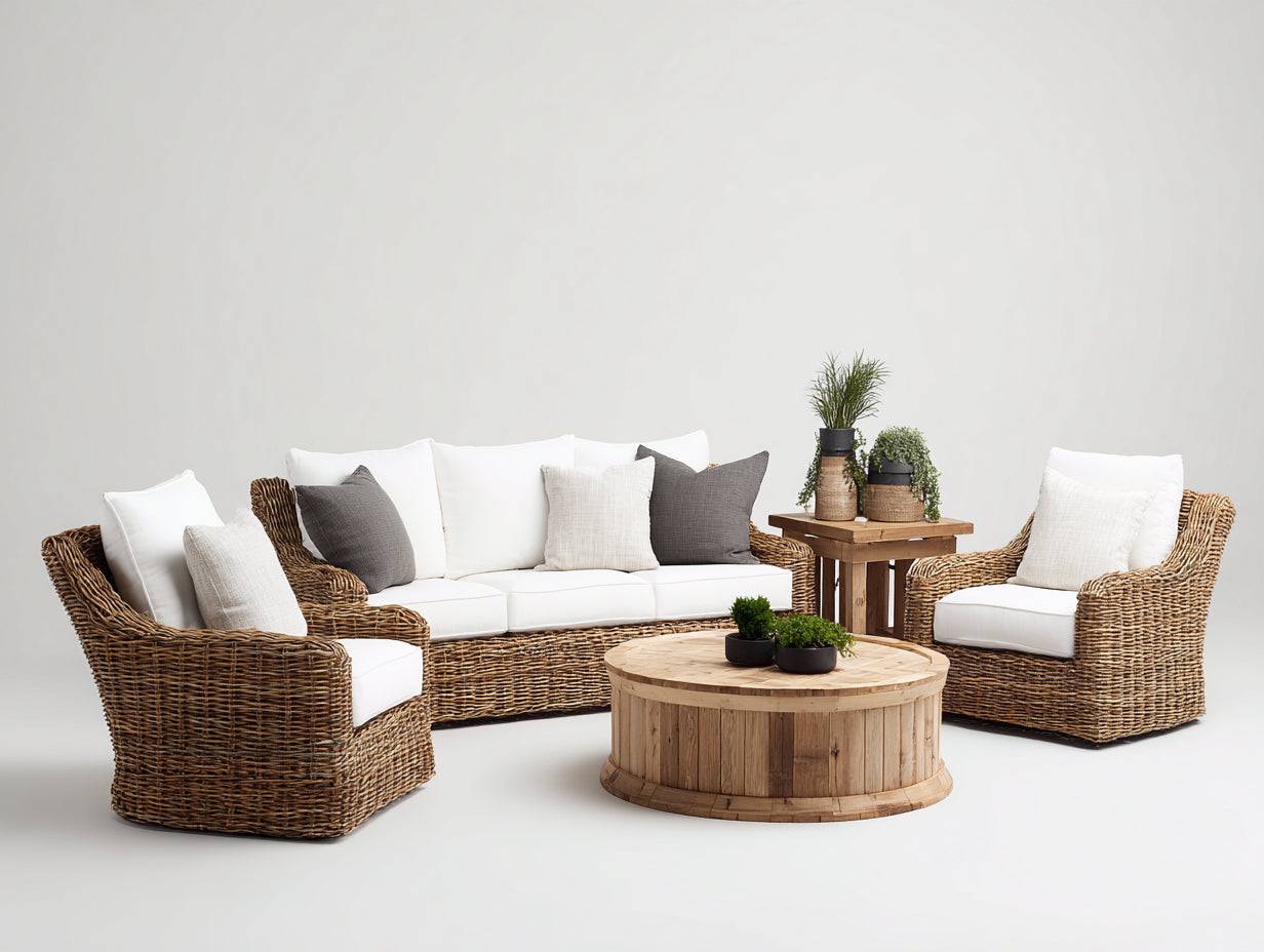 Canapé de jardin - Rotin-Bois-Tissu - 210x82x85 cm - Naturel-Blanc cassé - Bohème