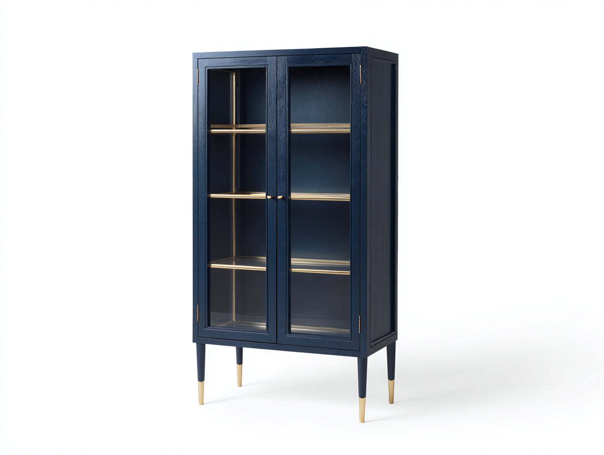 Vitrine-bois-verre-82x36x170 cm-bleu marine-style rétro