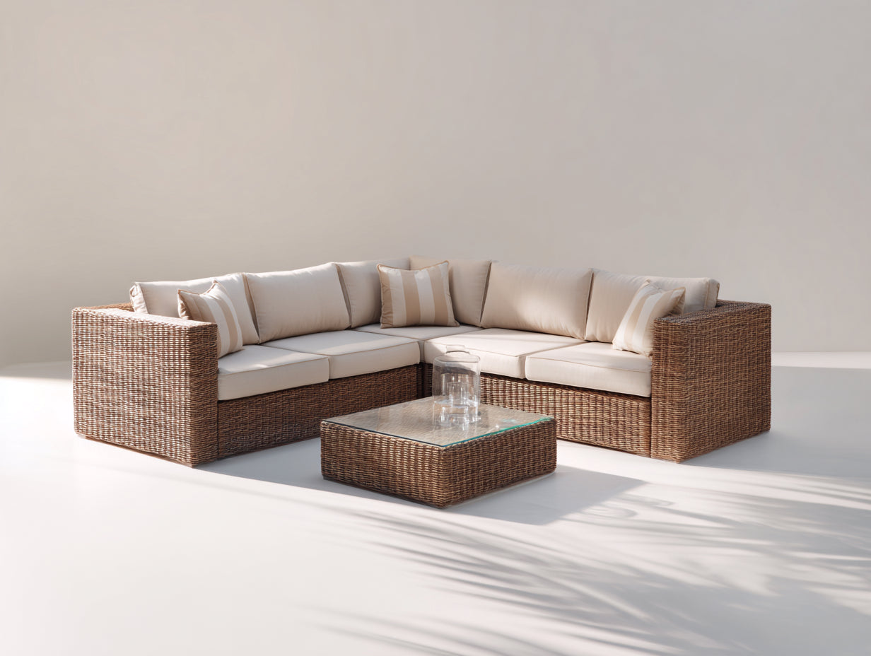 Canapé de jardin - Résine tressée-Verre-Tissu - 230x230x70 cm - Naturel-Crème - Moderne