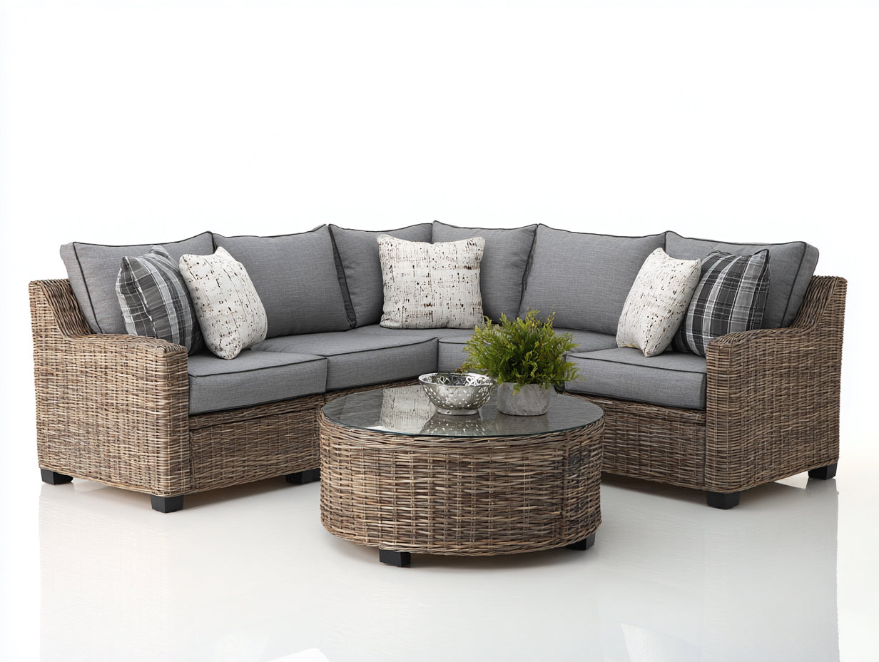 Canapé de jardin - Résine tressée-Verre-Tissu - 248x248x76 cm - Naturel-Gris - Classique