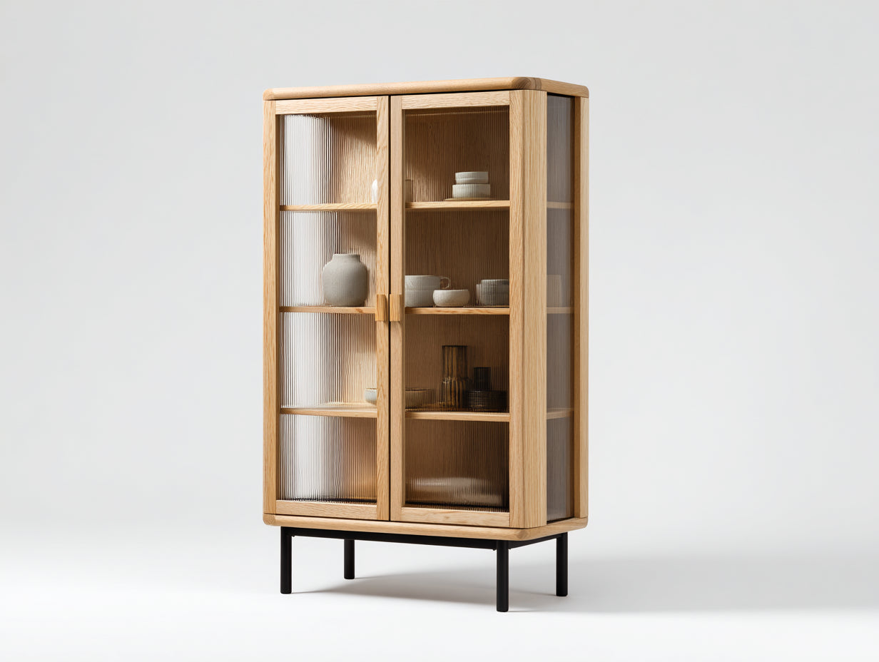 Vitrine-bois-verre-88x40x165 cm-chêne clair-style scandinave