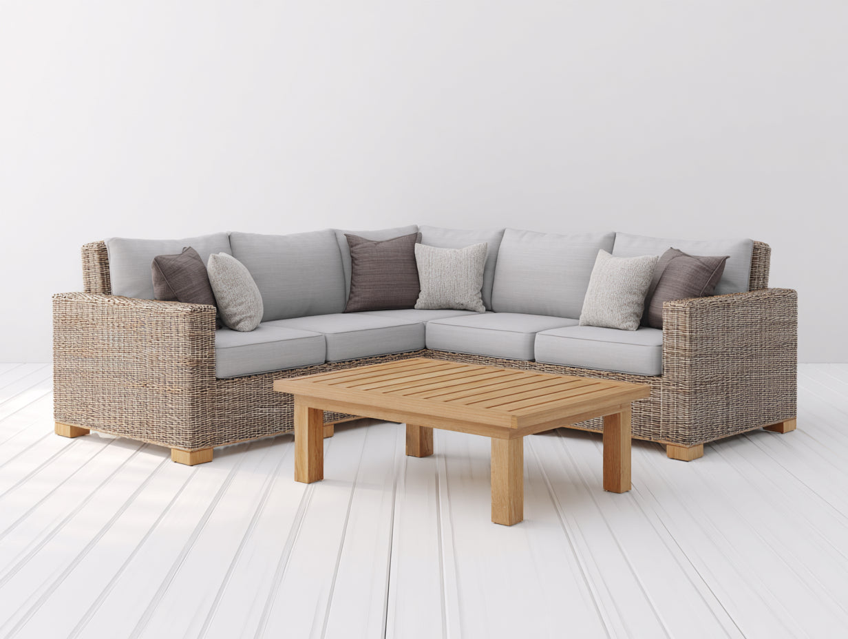 Canapé de jardin - Résine tressée-Bois-Tissu - 245x245x72 cm - Naturel-Gris clair - Moderne