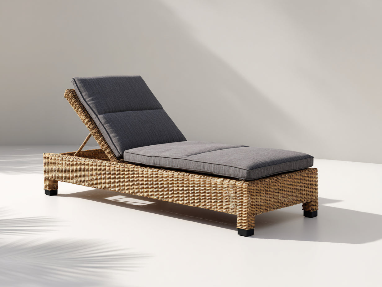 Bain de soleil - rotin-tissu - 196 x 73 x 86 cm - naturel-gris foncé - style contemporain inclinable