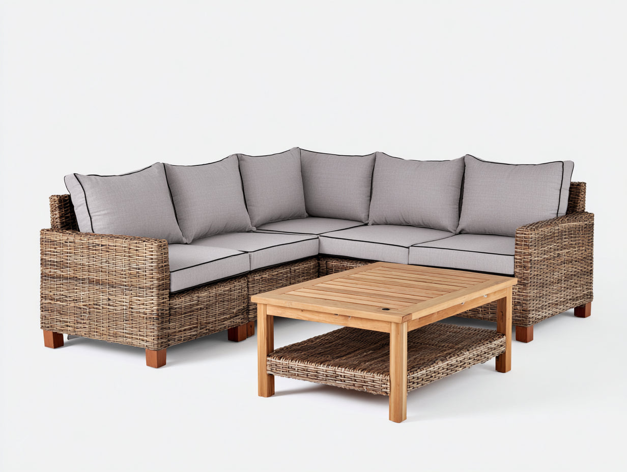 Canapé de jardin - Résine tressée-Bois-Tissu - 250x250x74 cm - Naturel-Gris clair - Moderne