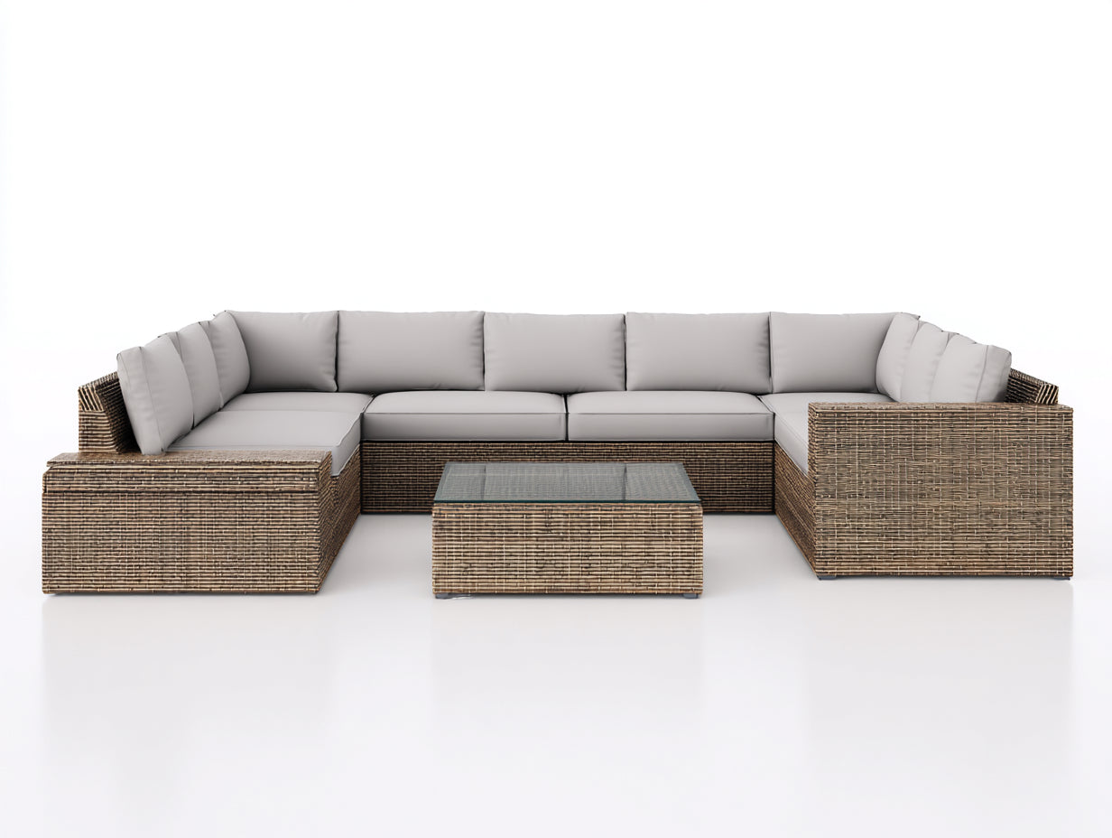 Canapé de jardin - Résine tressée-Verre-Tissu - 330x210x72 cm - Naturel-Gris clair - Moderne