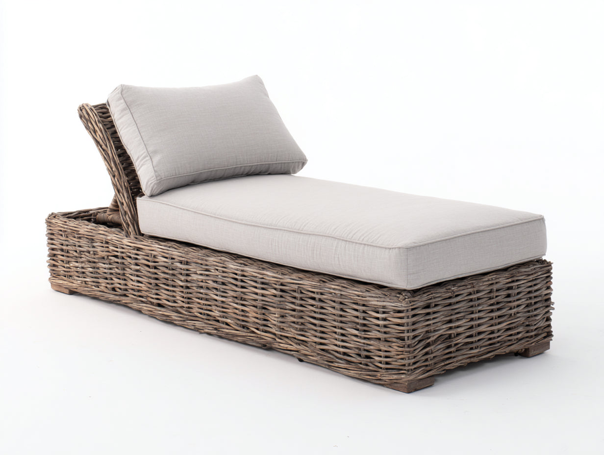 Bain de soleil - rotin-tissu-bois - 198 x 74 x 76 cm - gris naturel-beige - style bord de mer