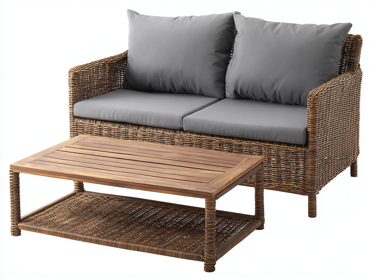 Canapé de jardin - Rotin-Bois-Tissu - 160x86x84 cm - Naturel-Gris anthracite - Contemporain
