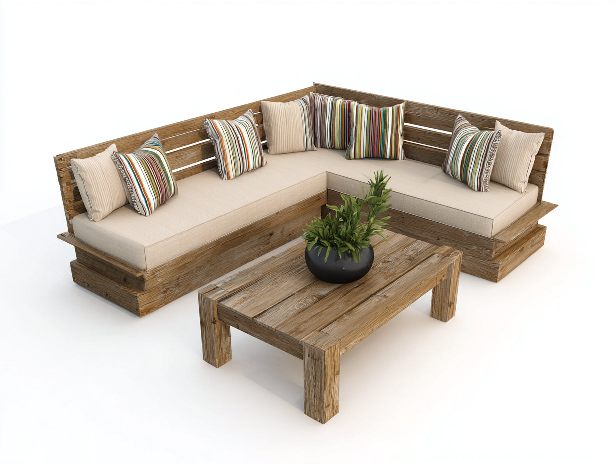 Canapé de jardin - Bois-Tissu - 280x210x76 cm - Naturel-Beige - Rustique
