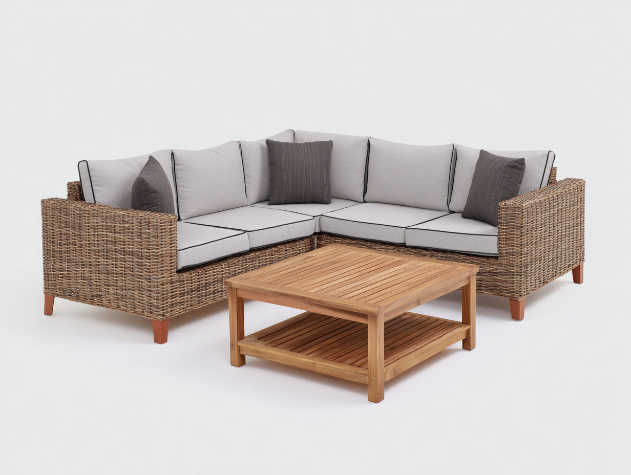 Canapé de jardin - Résine tressée-Bois-Tissu - 248x248x74 cm - Naturel-Gris clair - Moderne
