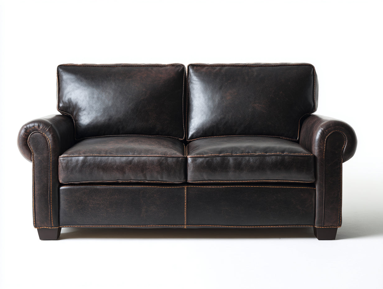 Canapé 2 places-cuir-bois-170x92x89 cm-marron vieilli-style vintage